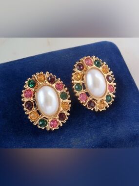 Vintage Avon Orange, Pink, and Green Rhinestone and Faux Pearl Earrings